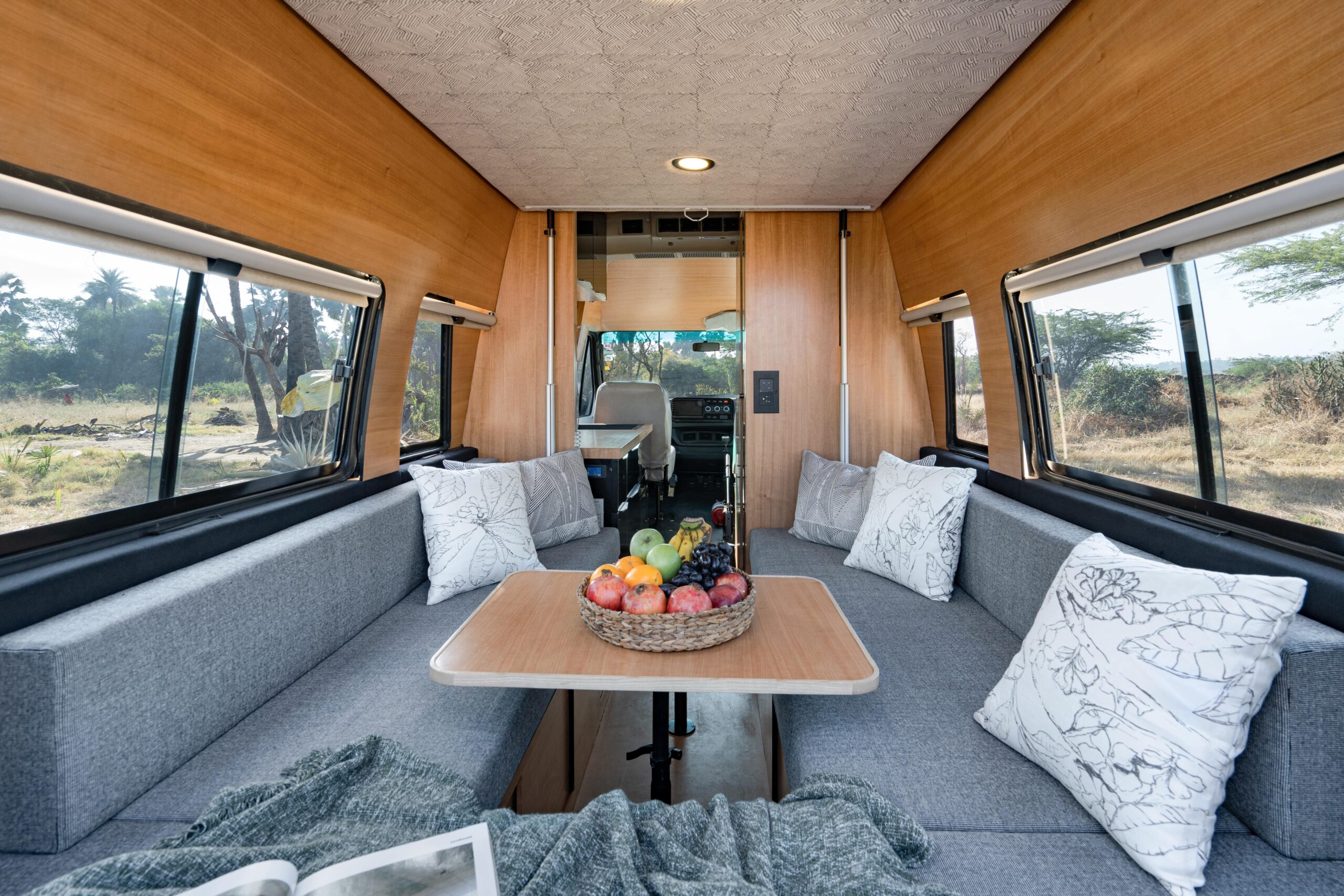 Interior lounge of the Rosefinch caravan, built for a father and his nine-year-old daughter